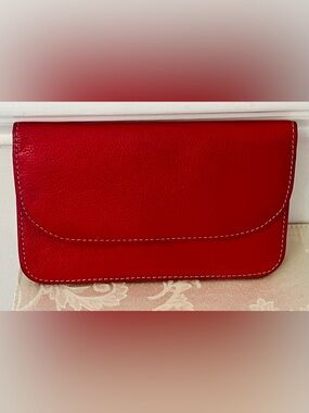 Red Genuine Leather Clutch Wallet Snap Closure Minimalist Pebbled-EUC